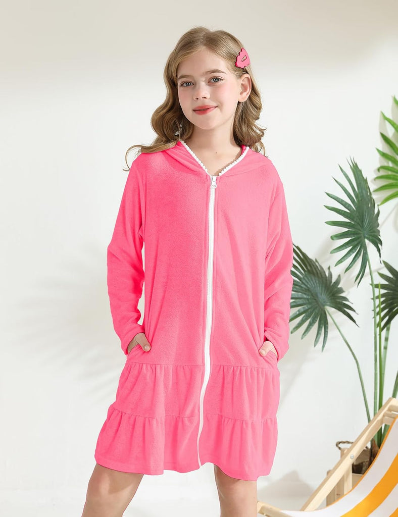 Girls Swim Cover Up Kids Long Sleeve Swimsuit Coverup Terry Beach Pool Clothes with Sunglasses