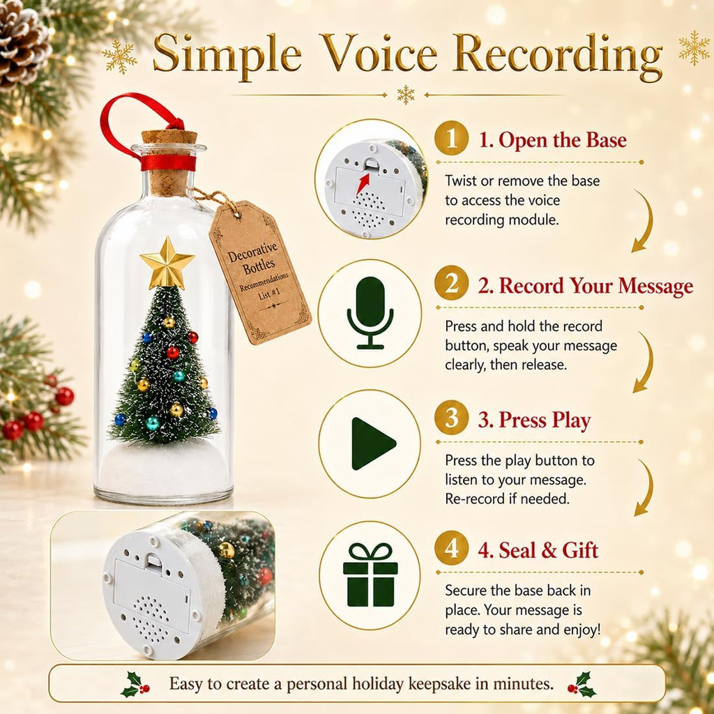 Recordable Christmas Tree in a Bottle Ornament,30-Second Voice Recording Keepsake with Snowy Mini Trees,Glass - Set of 3