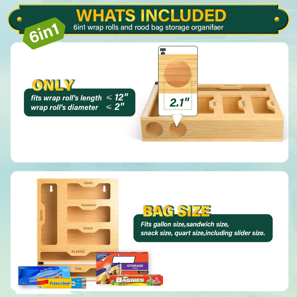 Bag Organizer and Plastic Wrap Dispenser with Cutter, 6 In 1 Bamboo Foil and Plastic Wrap Organizer Drawer, Food