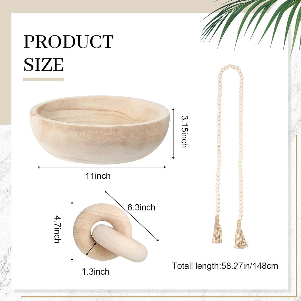 Farmhouse Wooden Decoration Set, Wooden Bowl, Chain, Beads, Suitable , Bohemian, Coffee Table, Bedroom