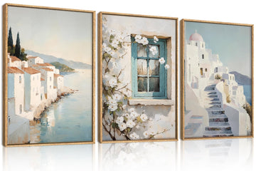 Extra Large Italy Santorini Framed Wall Art 24x36 Inch Blue Neutral Mediteranean Landscape Canvas Wall Decor Italian