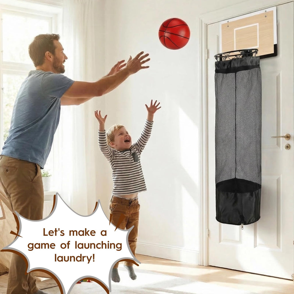 Wooden Basketball Laundry Hamper,Over the Door Basketball Hoop Laundry Basket with Zipper,3 Balls and Pump for Kids