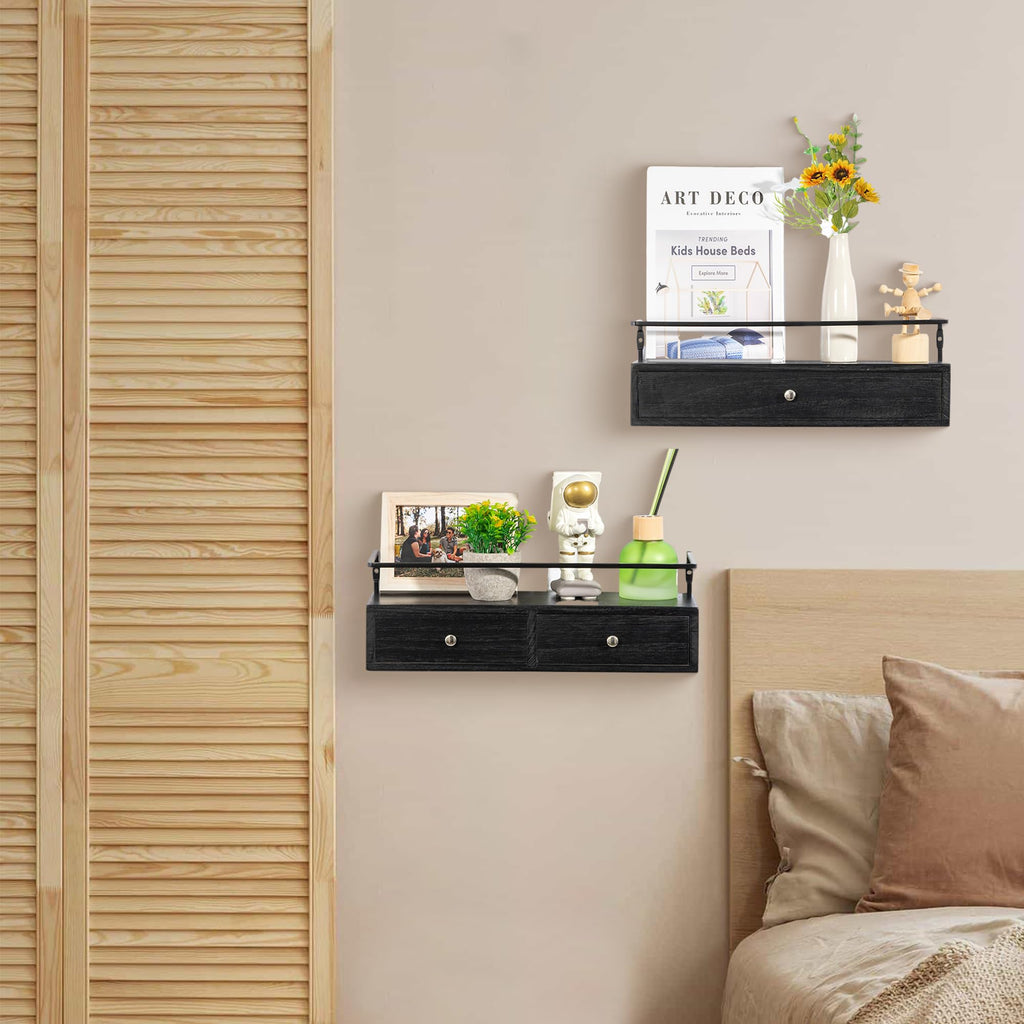 Floating Shelves With Drawers Set of 2, Wall Mounted Storage