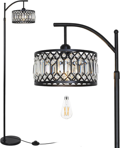 Crystal Floor Lamps, Modern Arc Floor Lamp, Black Standing Lamp with Edison Bulb, Height Adjustable 