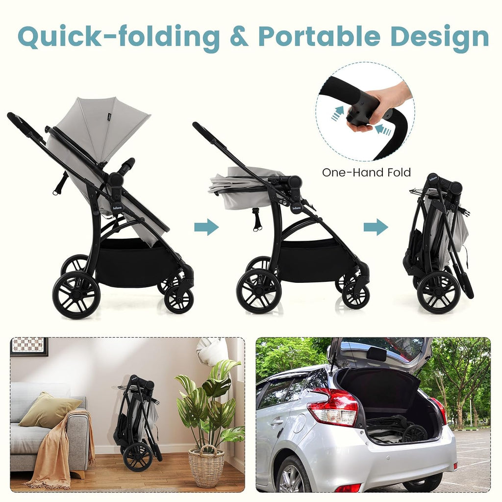 2 in 1 Baby Stroller, Convertible Stroller with Bassinet Reversible Seat Adjustable Backrest Canopy One Hand Fold