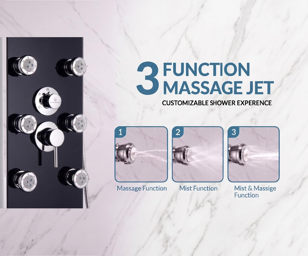 52" Aluminum SPA392B Shower Panel Tower System with Rainfall Shower Head and 8 Adjustable Massage Jets (Black)