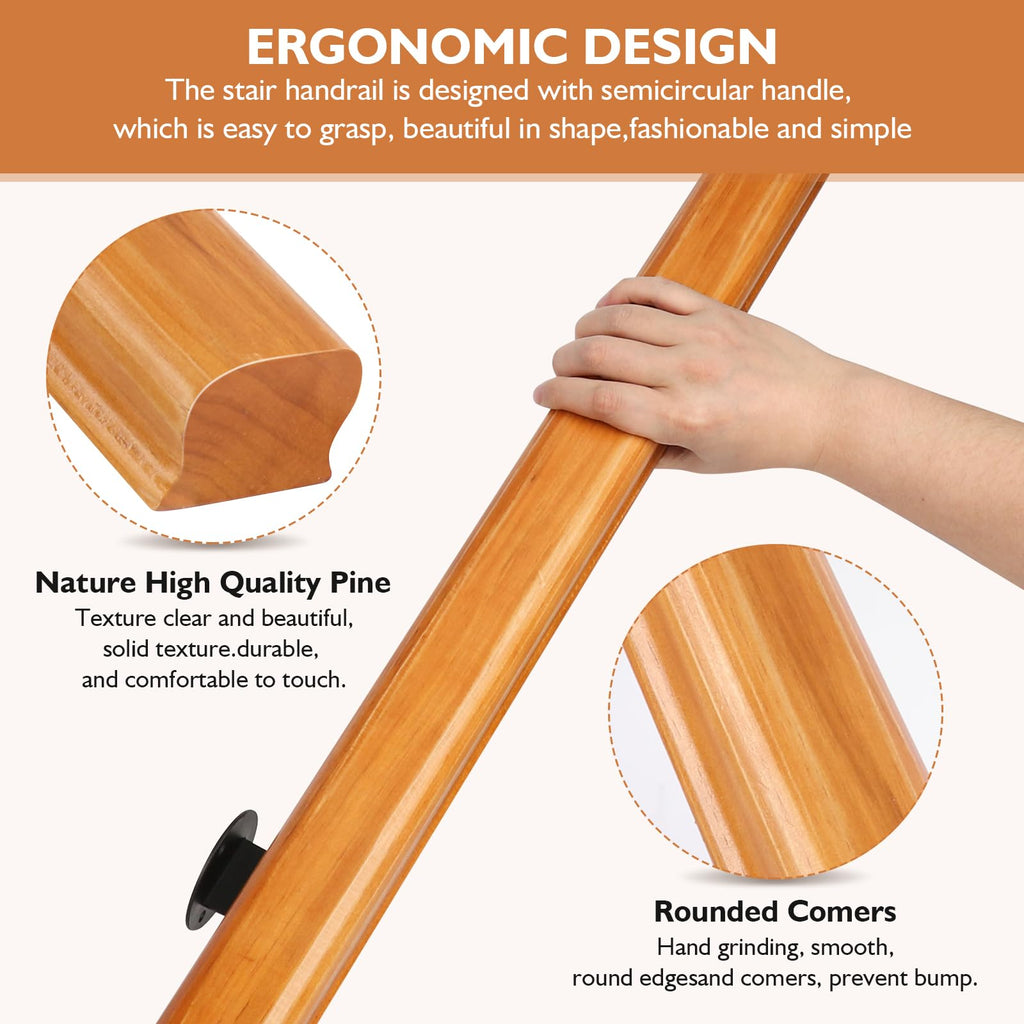 2FT Solid Wood Stair Handrail for Indoor Stairs, Outdoors Stair Railings, Sturdy Wall Mounted Non-Slip Safety Design