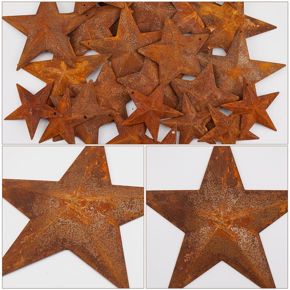 40PCS 3 Sizes Tin Dimensional Barn Stars Large Rusted Primitive Stars Pendants Western Metal Ornament Decor for Arts