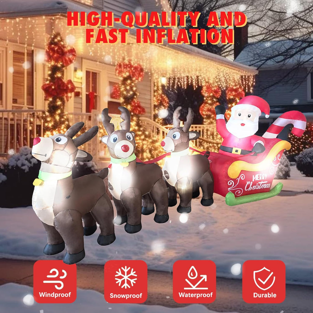 10 FT L Christmas Inflatables Santa Sleigh & Reindeer Outdoor Decorations