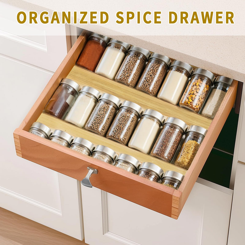Bamboo Spice Rack For Drawer,4Pcs Tier Stackable Seasoning Storage Organizer Insert, Condiments Storage Insert(Jars
