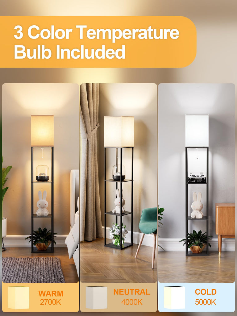 Floor Lamp with Shelves, Shelf Floor Lamp with 3 CCT LED Bulb, Corner Display Standing Column Lamp Etagere Organizer