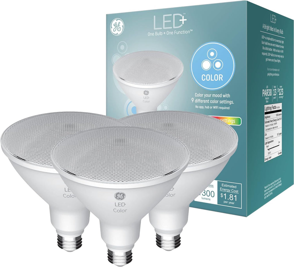GE LED+ Color Changing PAR38 Outdoor LED Light Bulbs with Remote, 15 Watts, Outdoor Rated Floodlight (3 Pack)