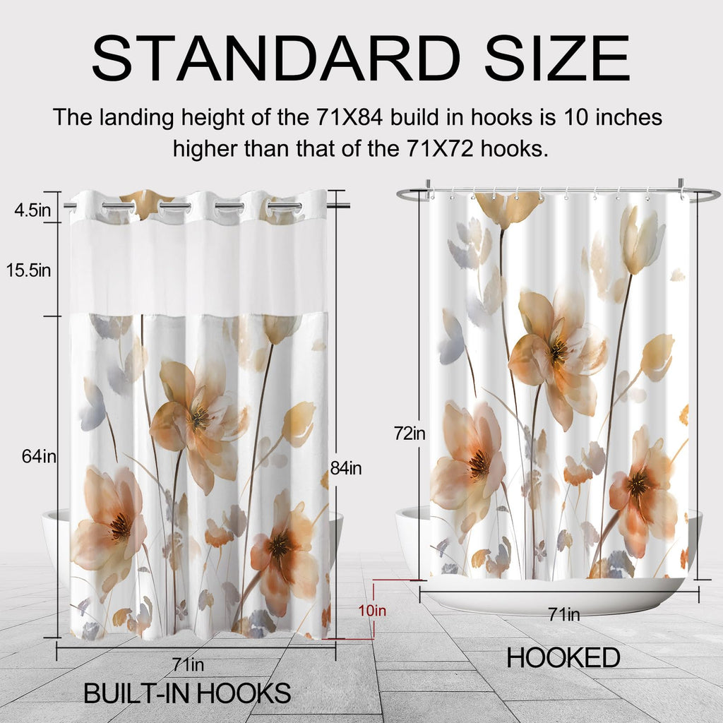 No Hook Shower Curtain and Liner Set, Orange Boho Floral 71x84