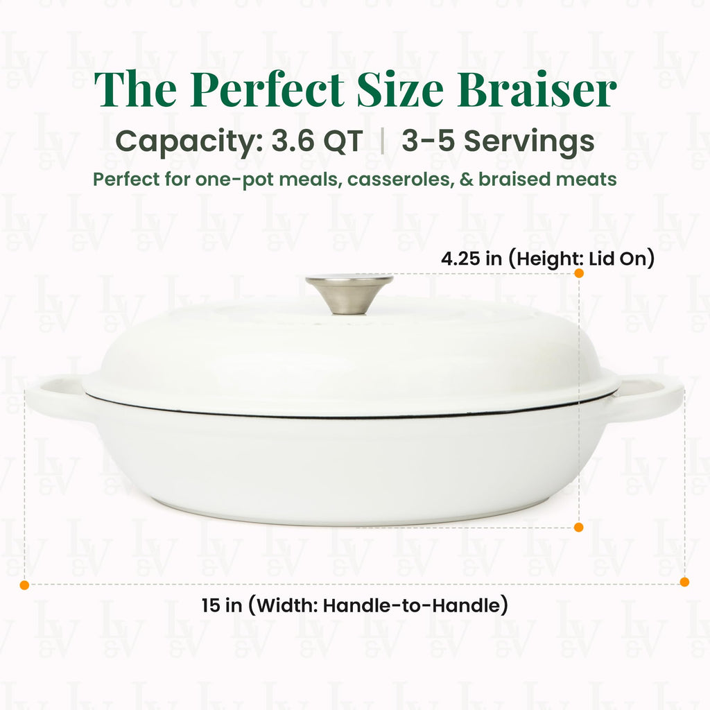 Enameled Cast Iron Braiser | 3.6 qt Braiser Pan with Lid | Shallow Dutch Oven Compatible on All Cooktops | Casserole