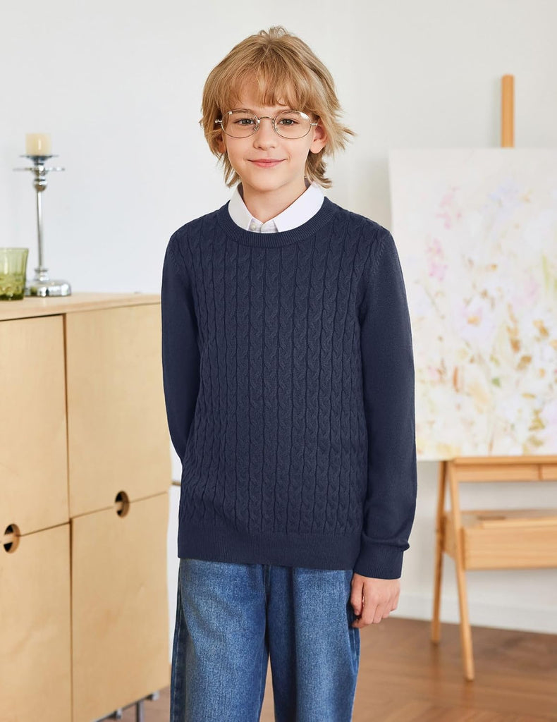 Boys Sweater Long Sleeve Cable Knit Crewneck Pullover Winter Tops
