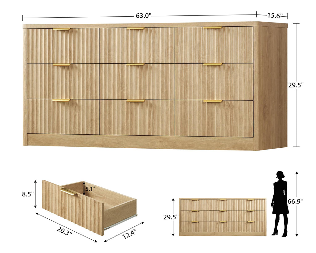 63" Dresser with 9 Drawers, Modern Dressers & Chest of Drawers with Metal Handles, Fluted Dresser, Wood Closet