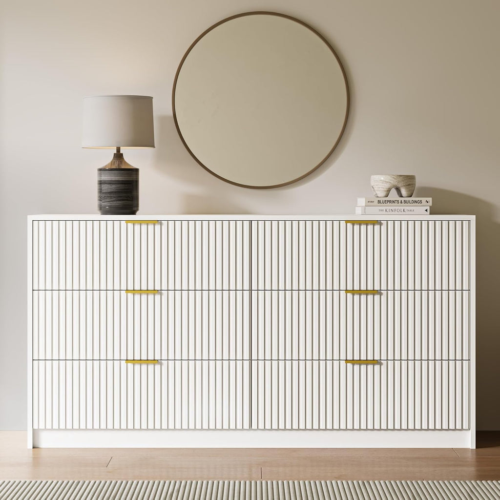55" Wide Fluted 6-Drawer Double Dresser, White