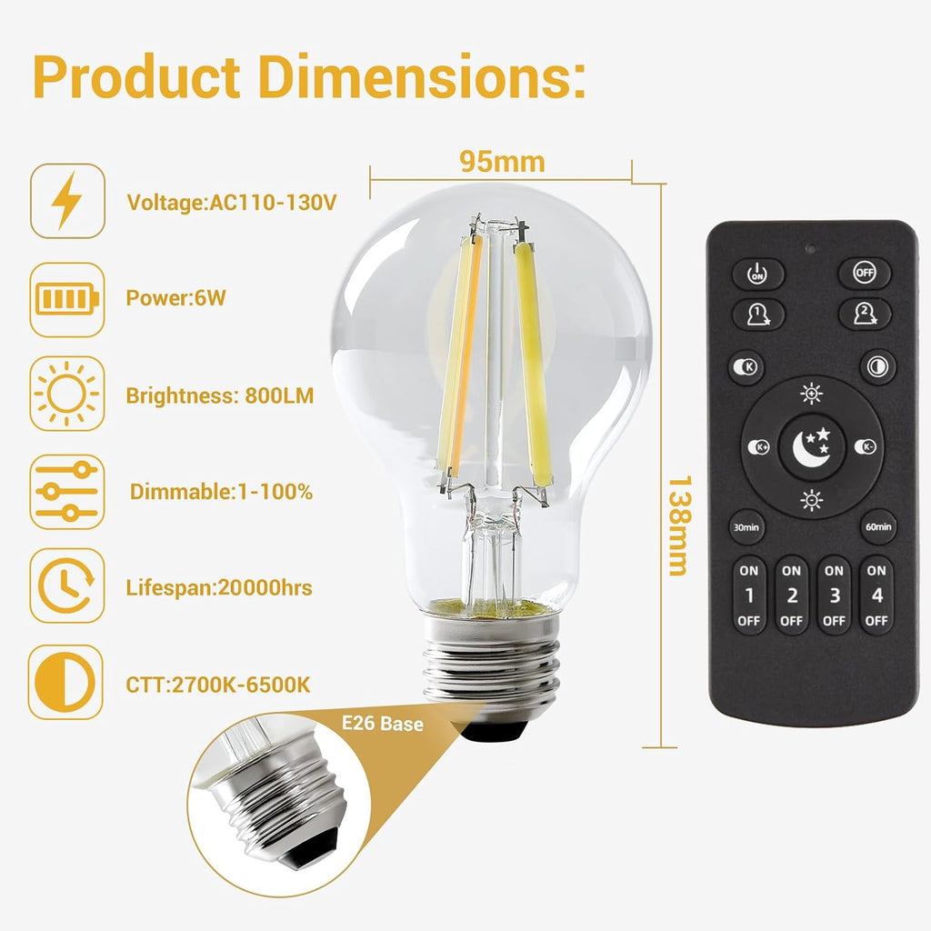 Smart Light Bulbs,Remote Control LED Light Bulb,Vintage Edison Bulbs Remote Control,800LM 6W (60W