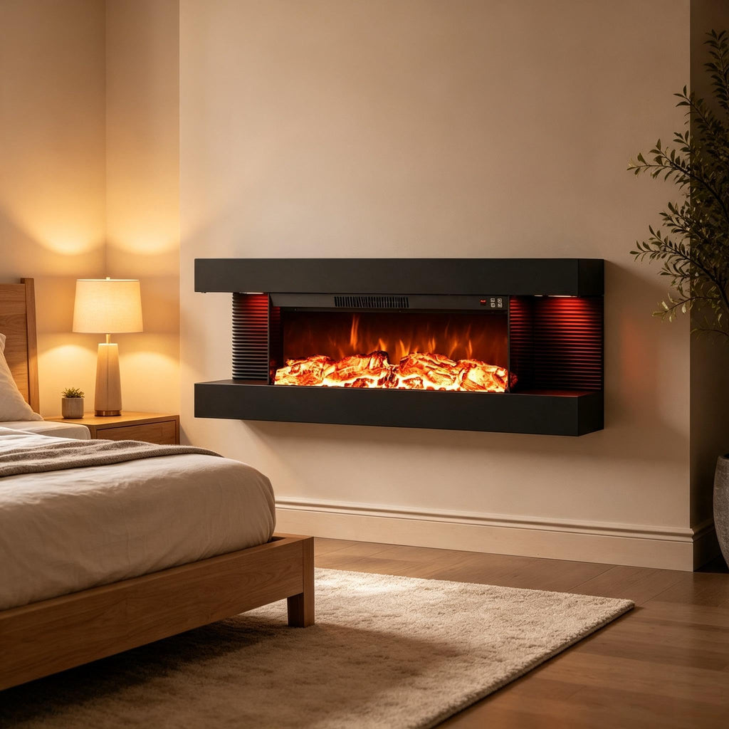 3 Sided Wall Mount Electric Fireplace w/ 40" Floating Mantel, Black