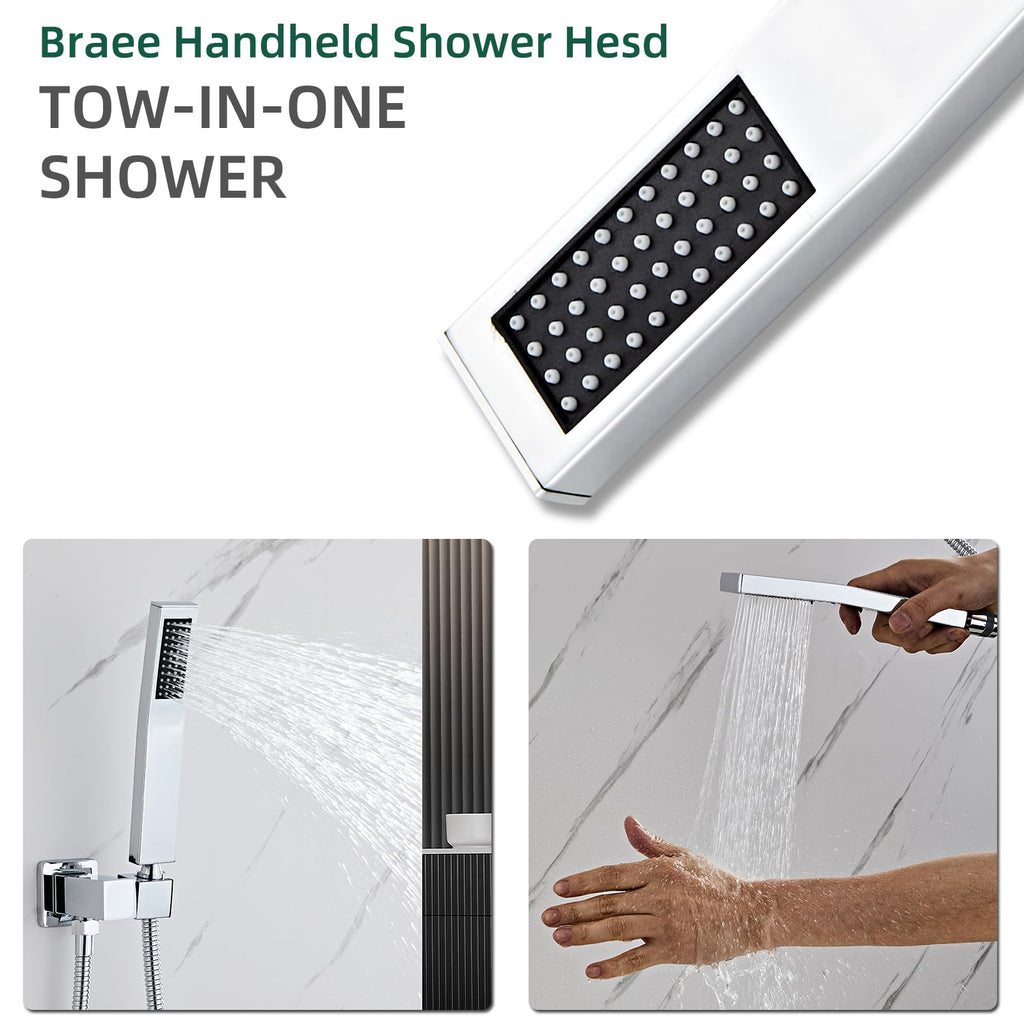 Bathroom Square Chrome Solid Brass Hand Held Shower Head With Wall Connector and Hose System Wall Mount Handheld