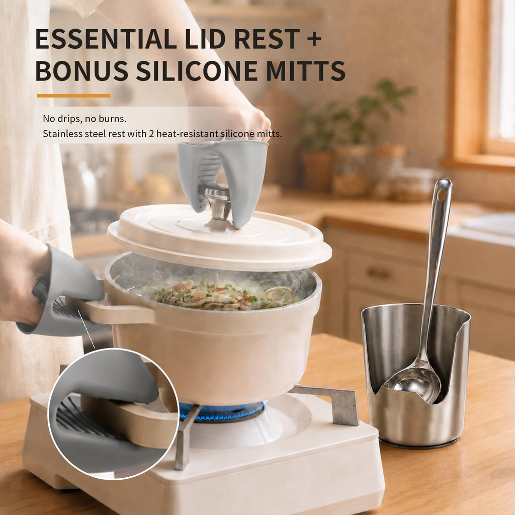 Thickened 304 Stainless Steel Spoon Rest and Lid Holder | Multi-Functional Kitchen Utensil Holder with Curved