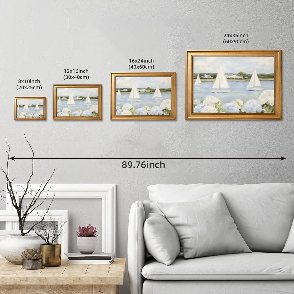 Grandmillennial Preppy Coastal Wall Art Nautical Sailboat Blue White Floral Canvas Print Vintage Seaside Beachy