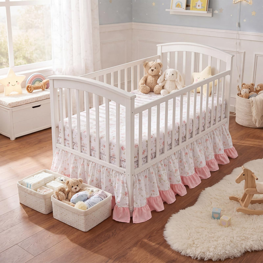 Pink Crib Skirt for Baby Girls Boys, 100% Washed Cotton Bed Skirt