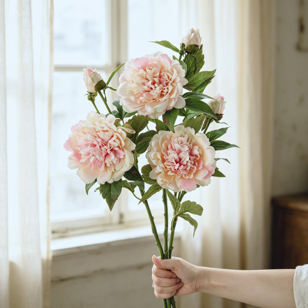 3Pcs Real Touch Artificial Peonies, Champagne Pink Faux Silk Flowers