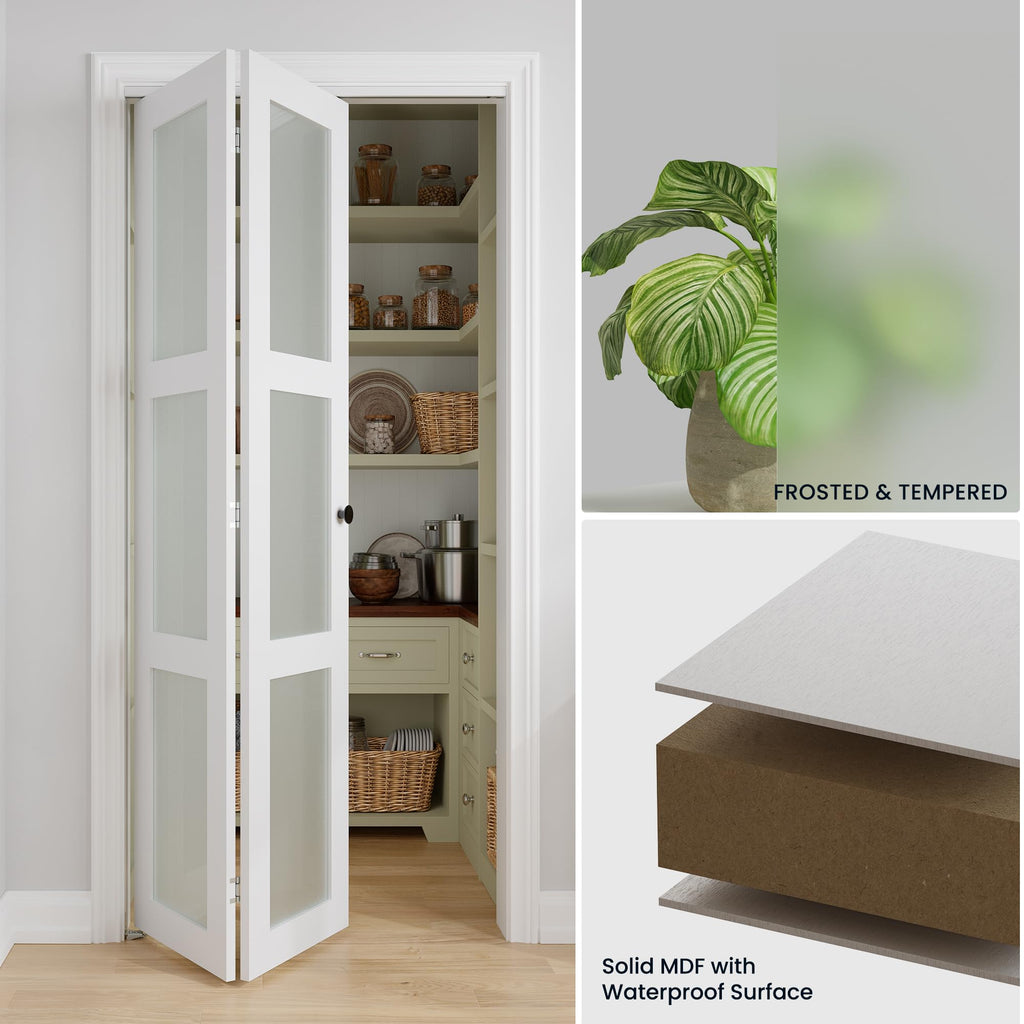 Bifold Doors for 30" x 80" Opening, 3-lite Tempered Frosted Glass