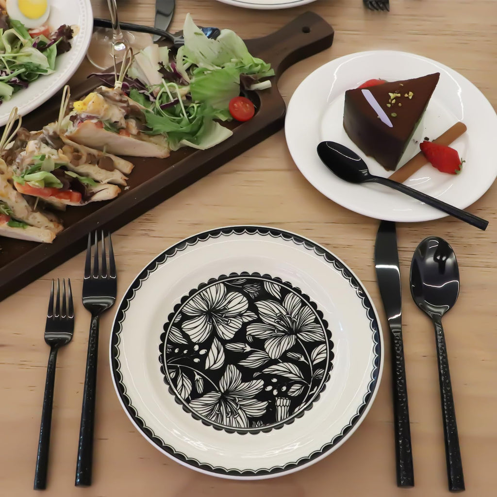 Black Silverware Set Round Hammered Handle 20 Pieces Service for 4