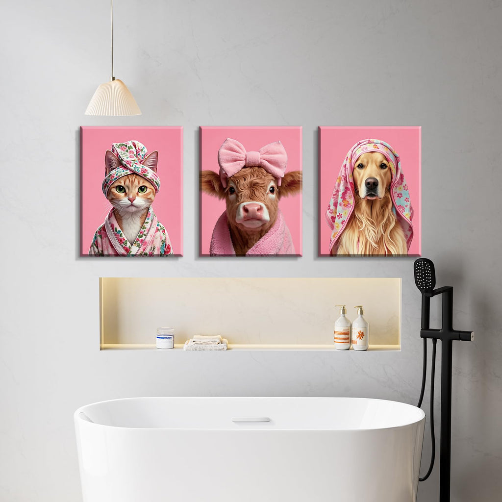3 Piece Pink Bow Highland Cow Bathroom Wall Art, Cute Japan Cat Art Decor