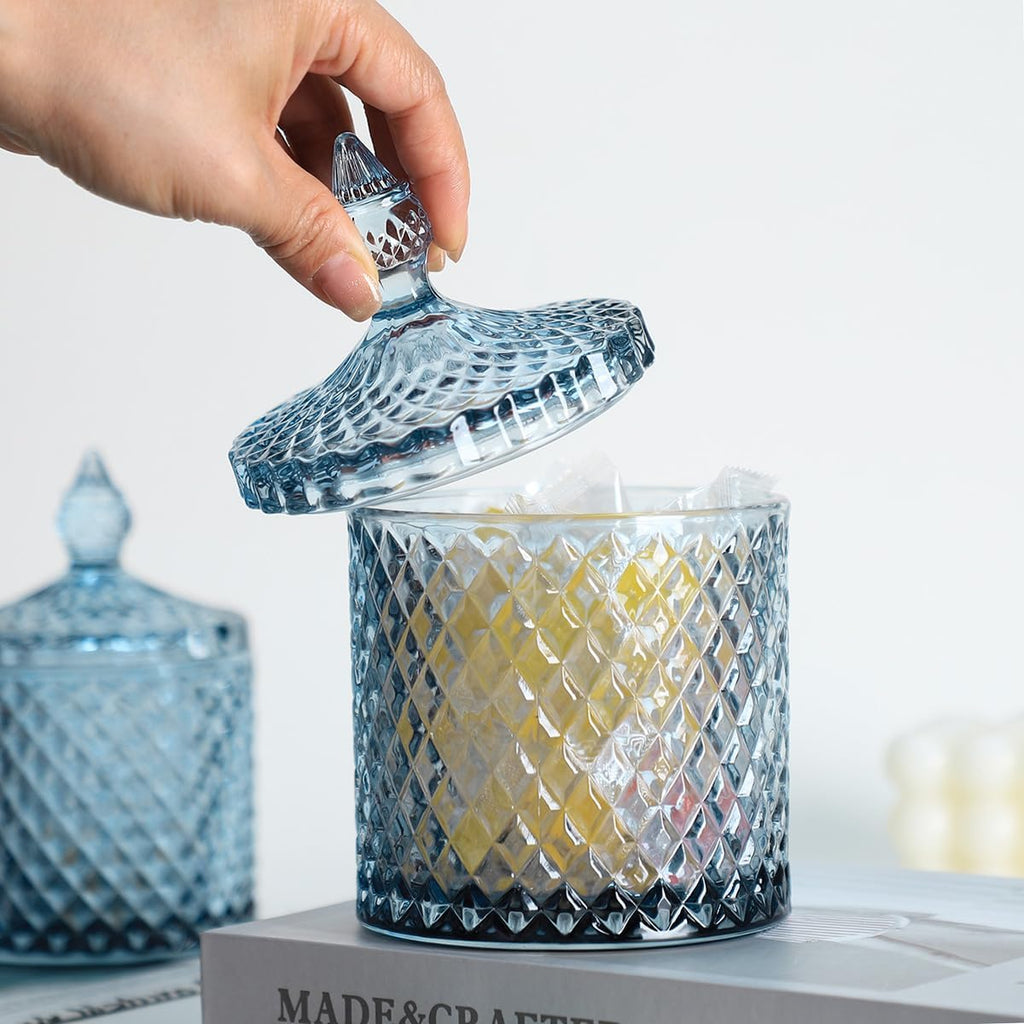 Diamond Faceted Crystal Glass Candy Jar with Lid, 18oz Blue Decorative Jar, Nut Jar, Dried Fruit Storage Jar.