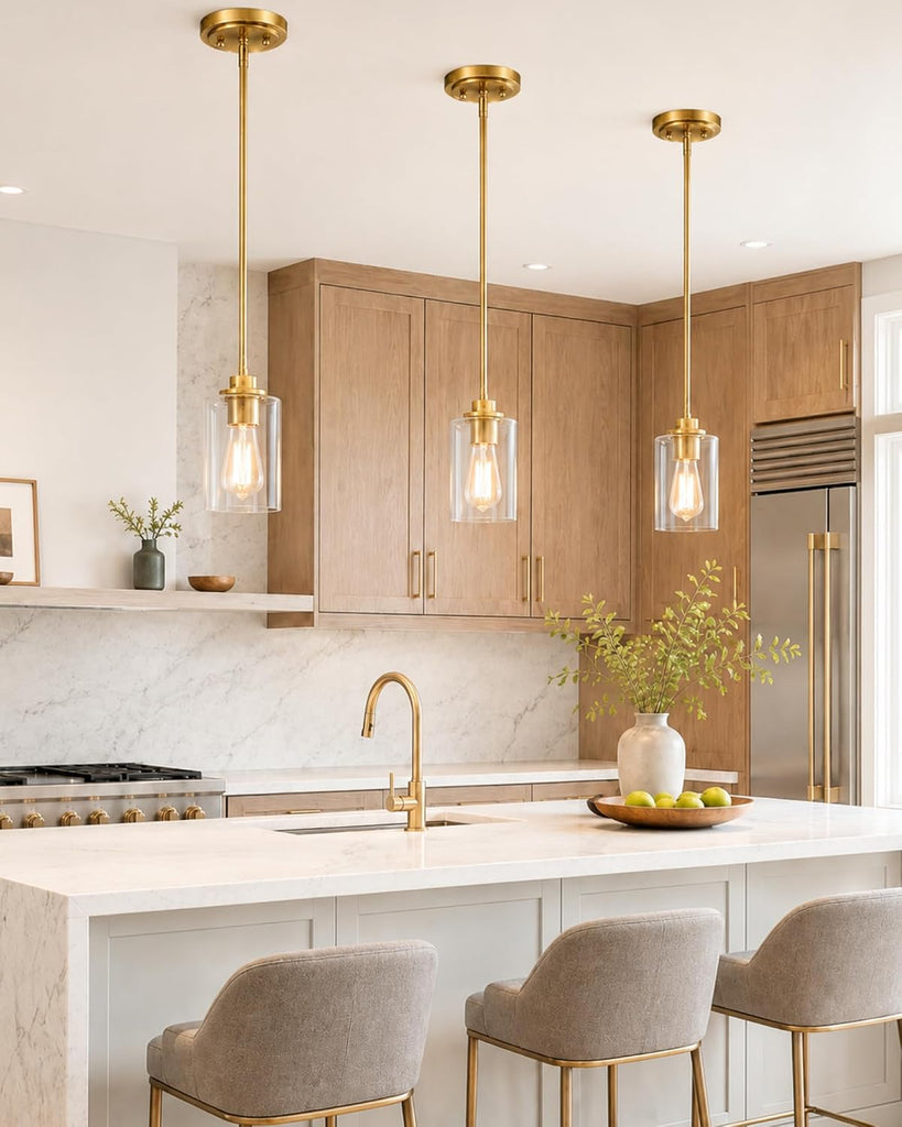 Brass Pendant Lights Kitchen Island 2 Pack, Farmhouse Gold Pendant Lighting with Clear Glass Shade, Mini Hanging