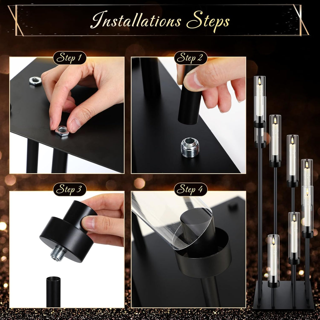2 Pack Black Floor Candelabra Centerpieces 42.13 Tall 8 Arms Floor Candle Holder with Acrylic Shade Pillar Metal