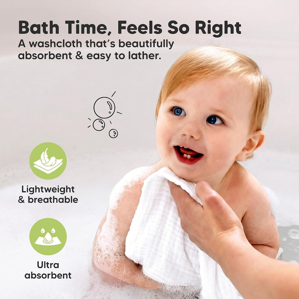 10pk Muslin Baby Washcloths for Newborn, 12x12 Soft Absorbent (Soft White)