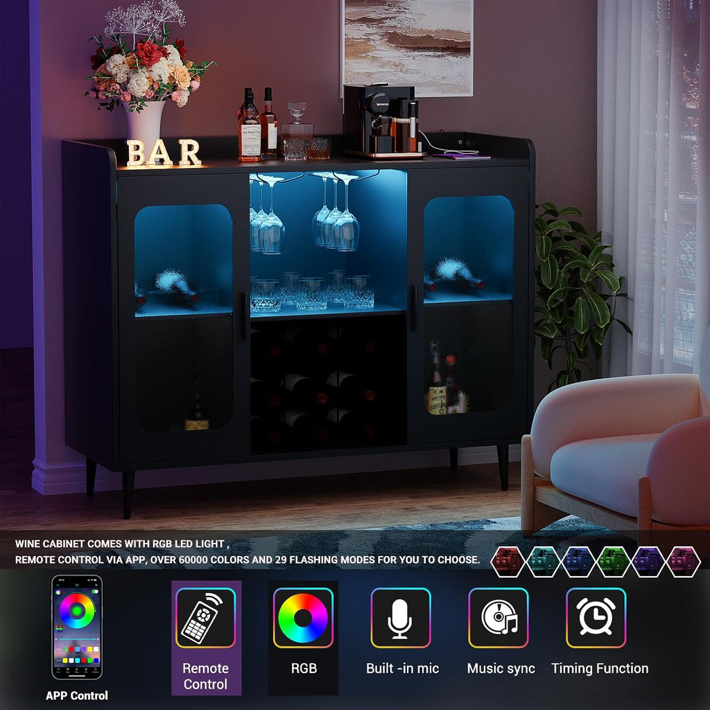 Coffee Bar Cabinet with Power Outlets and LED Light, Black | Liquor Cabinet with Wine Rack & Glass Holder, Bar Cart
