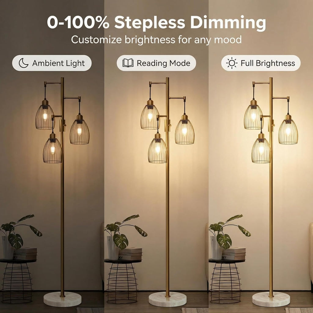 Dimmable Floor Lamps, Industrial Standing Lamp with Marble Base, Antique Brass Tree Tall Pole Light with 3 Elegant