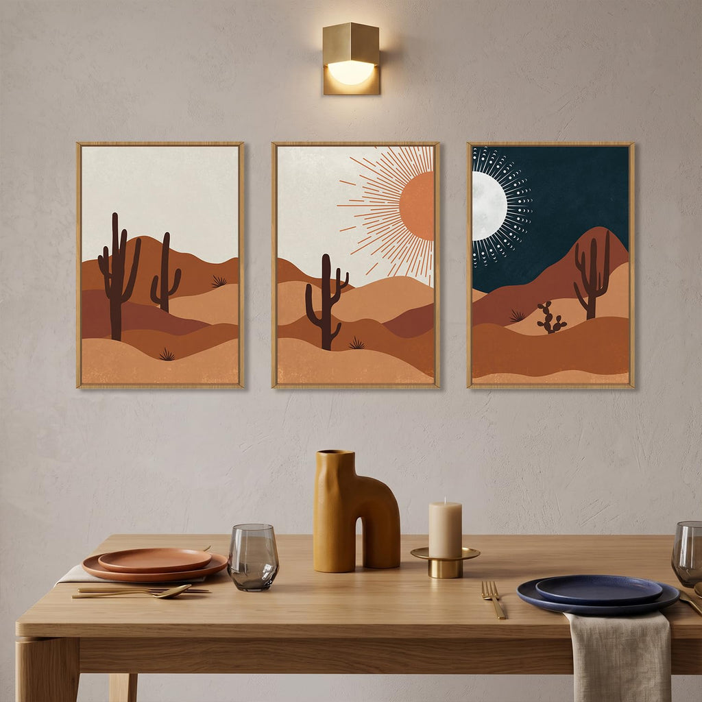 Boho Cactus Desert Abstract Sun Moon Framed Canvas Wall Art