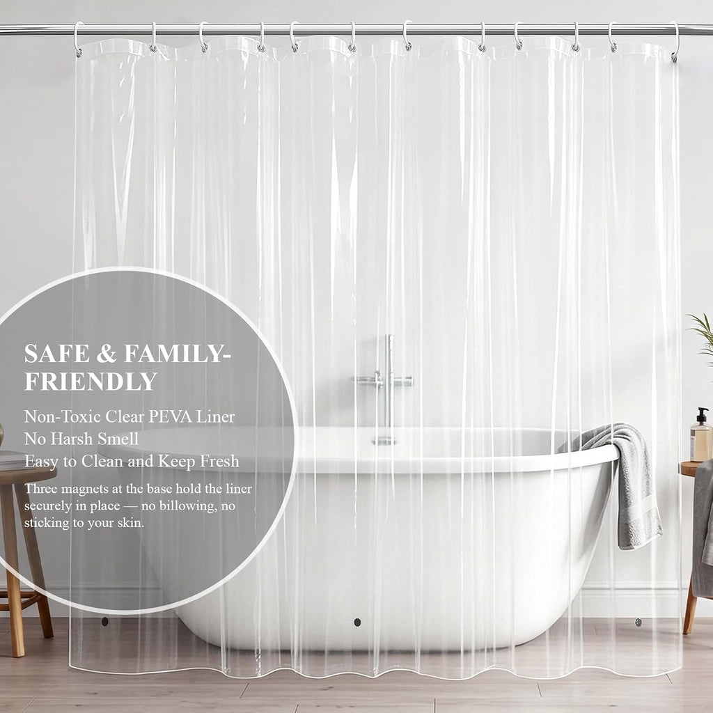 3 in 1 Waffle Shower Curtain Set with PEVA Liner 72Wx72H White | 256GSM Heavy Duty Fabric, Waterproof Clear Liner