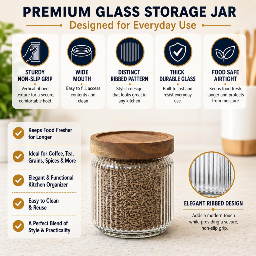 12 fl oz, 350ml Glass Food Storage Jars with Wood Lids (6pcs) - Stylish Ribbed Pattern Organization and Storage
