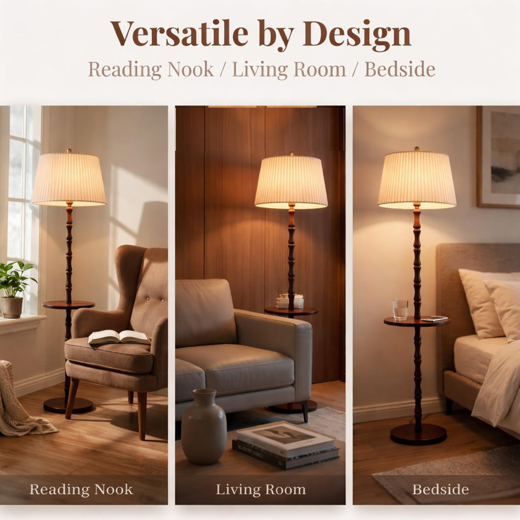 Real Wood Floor Lamp with Built-in Tray, Remote Control, Adjustable Brightness & 3 Color Temperatures, Dimmable