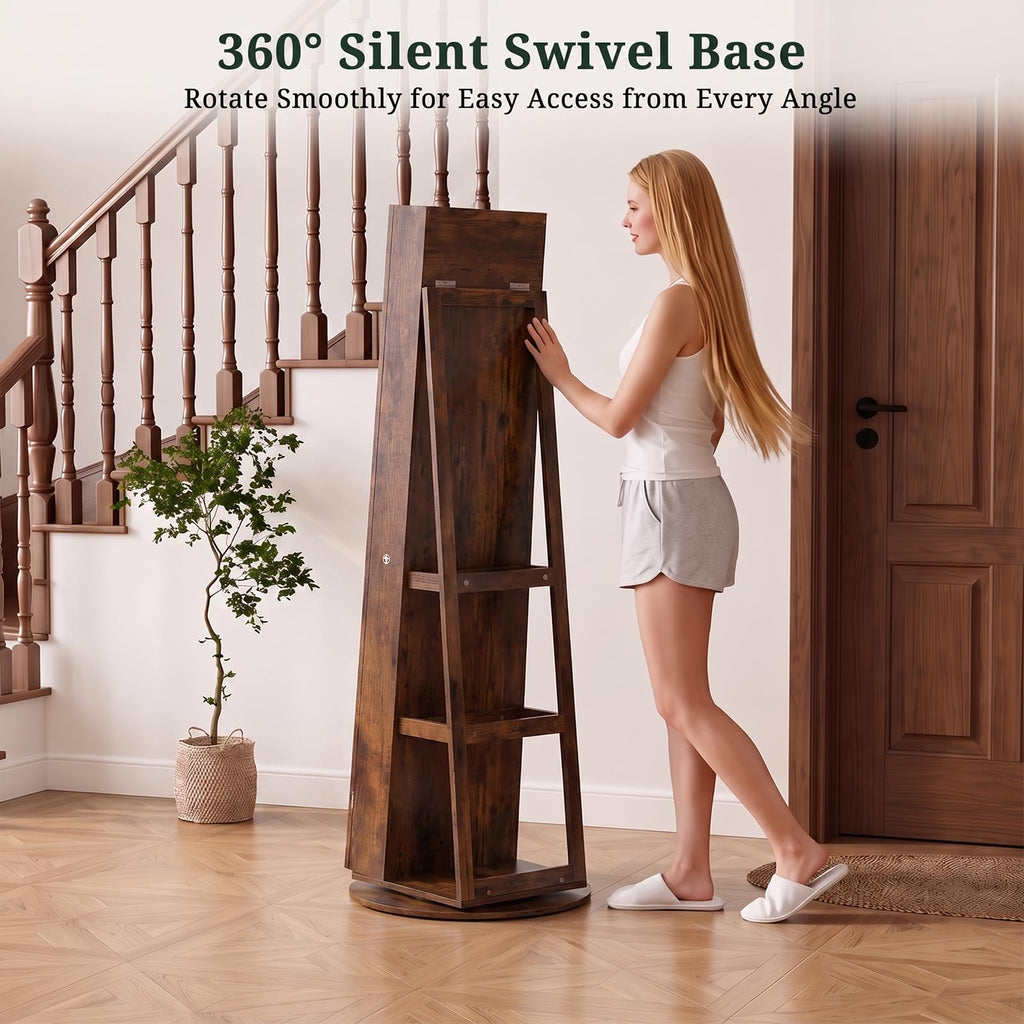 360° Swivel Jewelry Armoire Cabinet with Full Length Mirror, Lockable Jewelry Organizer with 6 LED Vanity Mirror, 3