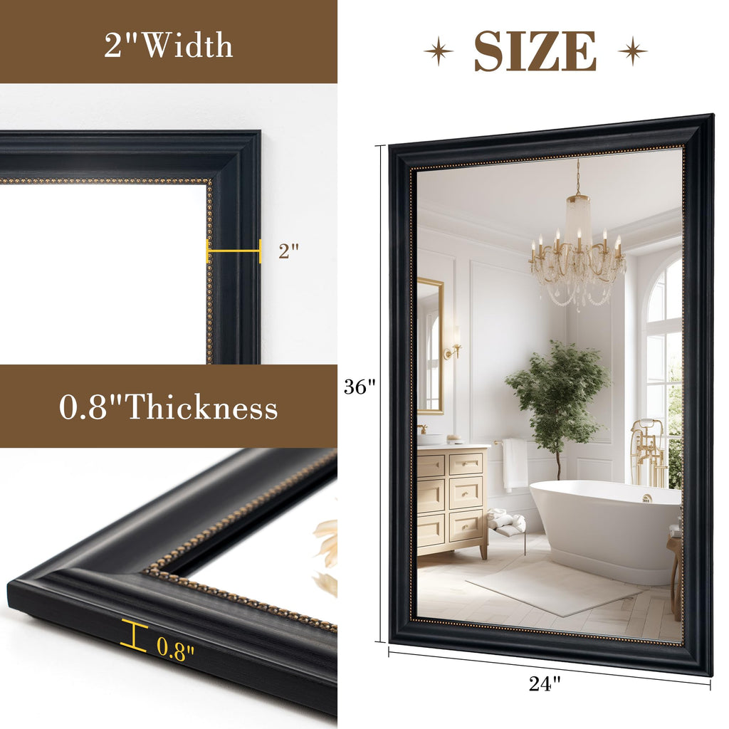 24x36 Rectangular Wall Mirror, Decorative Bathroom Mirror, Traditional Vintage Wall Mounted Mirror with Beaded Frame