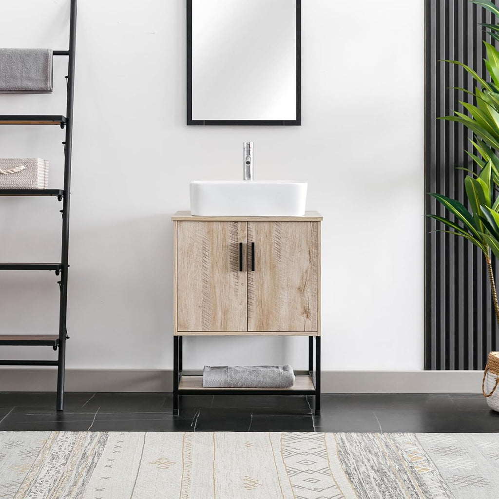24" Bathroom Vanity Sink Combo Modern Metal Stand Cabinet W/Bottom Shelf White Rectangle Vessel Sink & Water