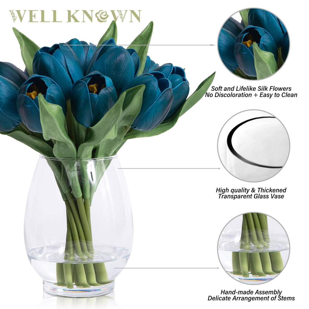 12 Pcs Fake Tulips Artificial Flowers in Vase with Faux Water, Foam Tulip Flower Arrangement with Vase Decor, Dining