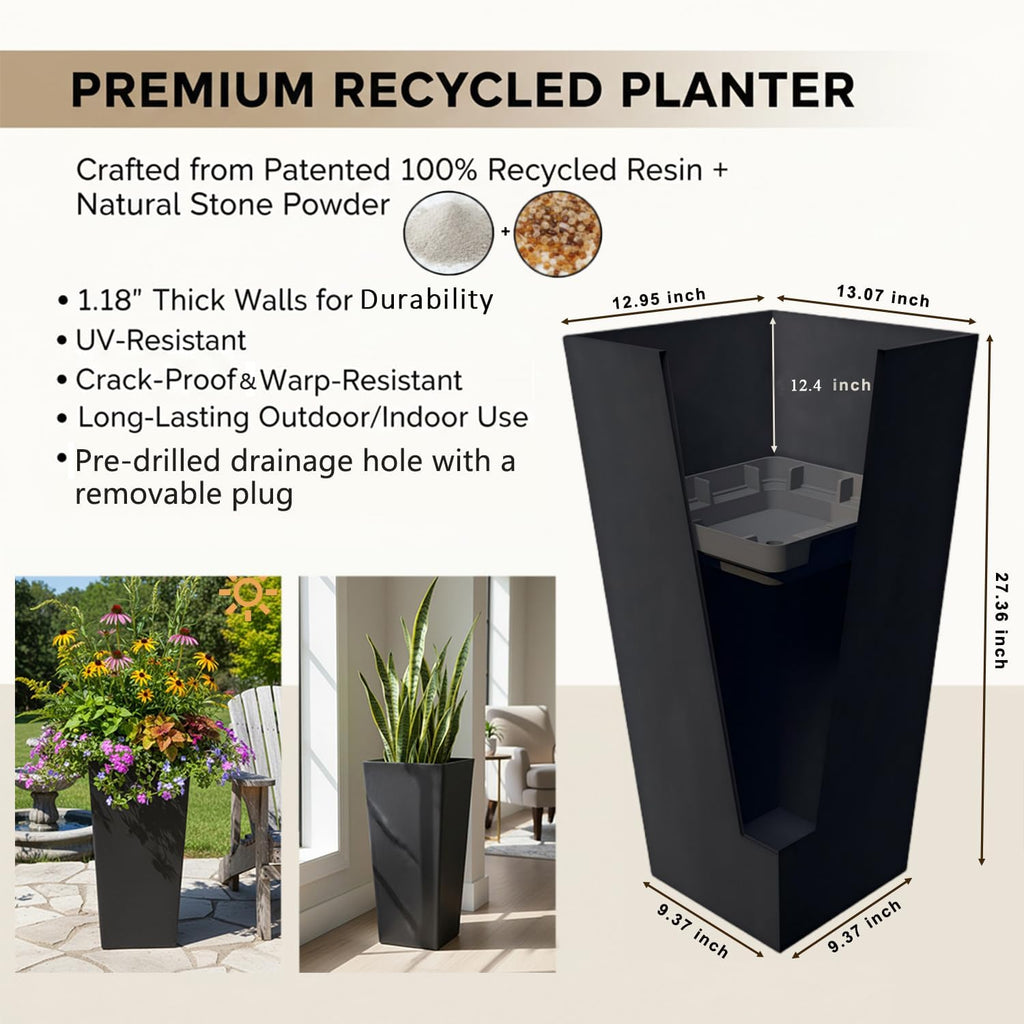 27" Tall Planters for Outdoor Indoor, Set of 2 with Drainage | Black Planter,Large Flower Pots, Drainage & Inner