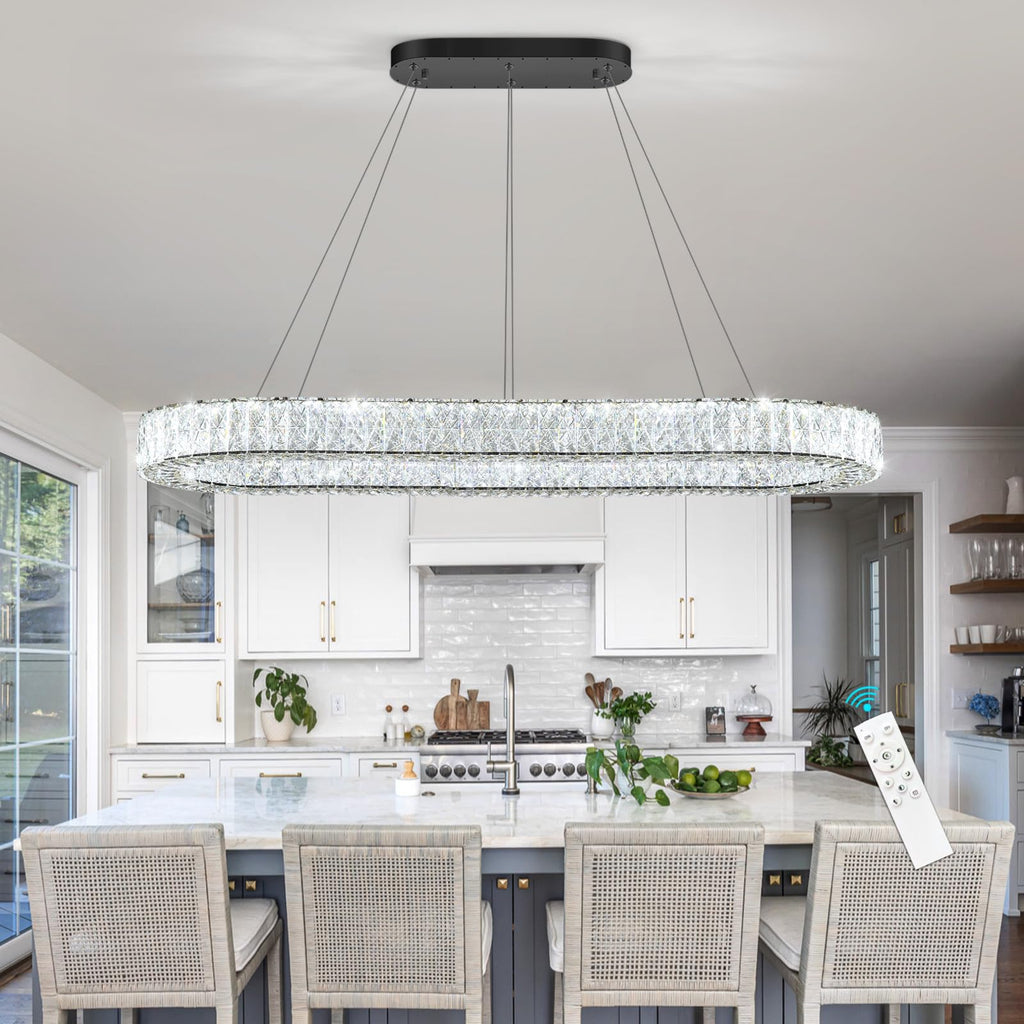 Modern Oval Crystal Chandelier Dimmable LED Chandeliers Rectangular Pendant Light Fixture with Remote Kitchen Island