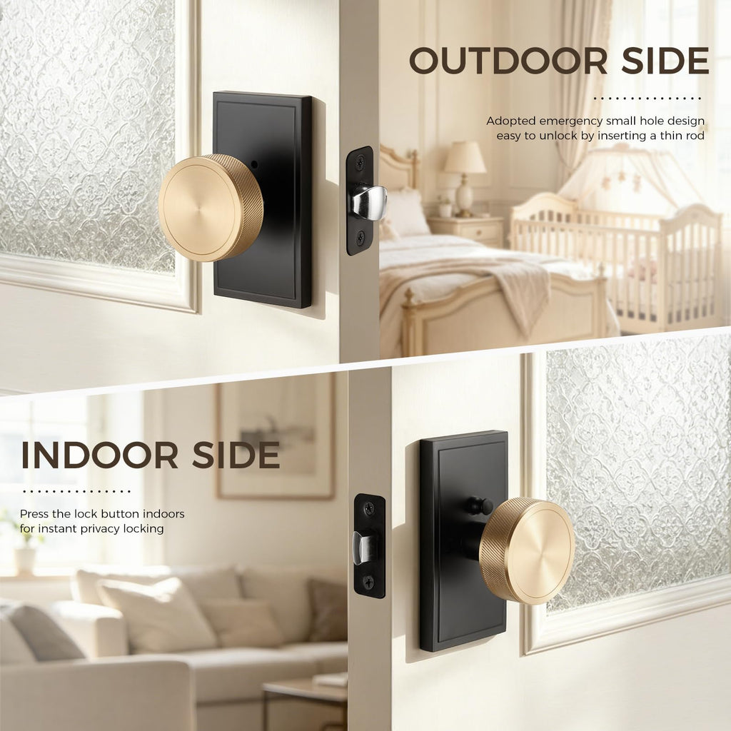 Knurled Matte Black & Brass Square Rosette Privacy Door Knob