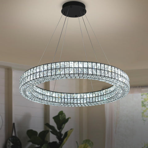 47.5 inch Large Black Chandelier Round Crystal Chandelier Light for High Ceiling Ring Pendant Hanging Ceiling Light Led Dimmable 2700k-6000k A122-B0CHMHKS63