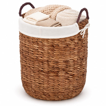 Round Woven Laundry Basket with Removable Liner, Handwoven Water Hyacinth Clothes Hamper Basket with Handles